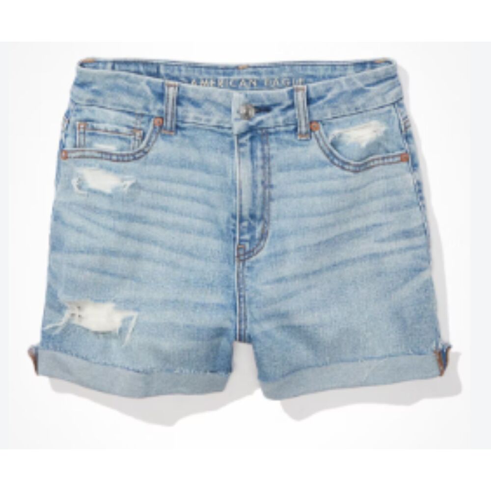 American Eagle Distressed Denim Mom Shorts Light Wash High Rise Cuffed Size 00